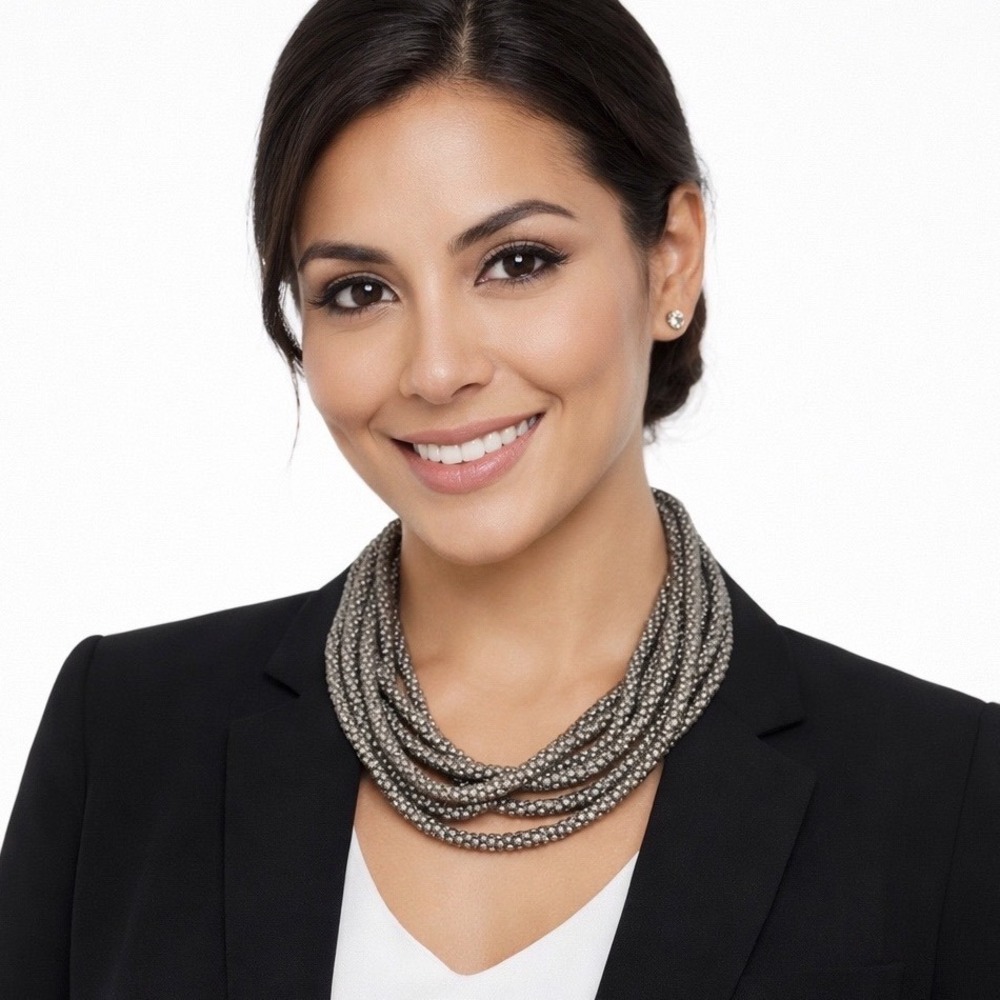 Gunmetal Multi Strand Popcorn Chain Bib Necklace Layered Preppy‎ Chic 103-52